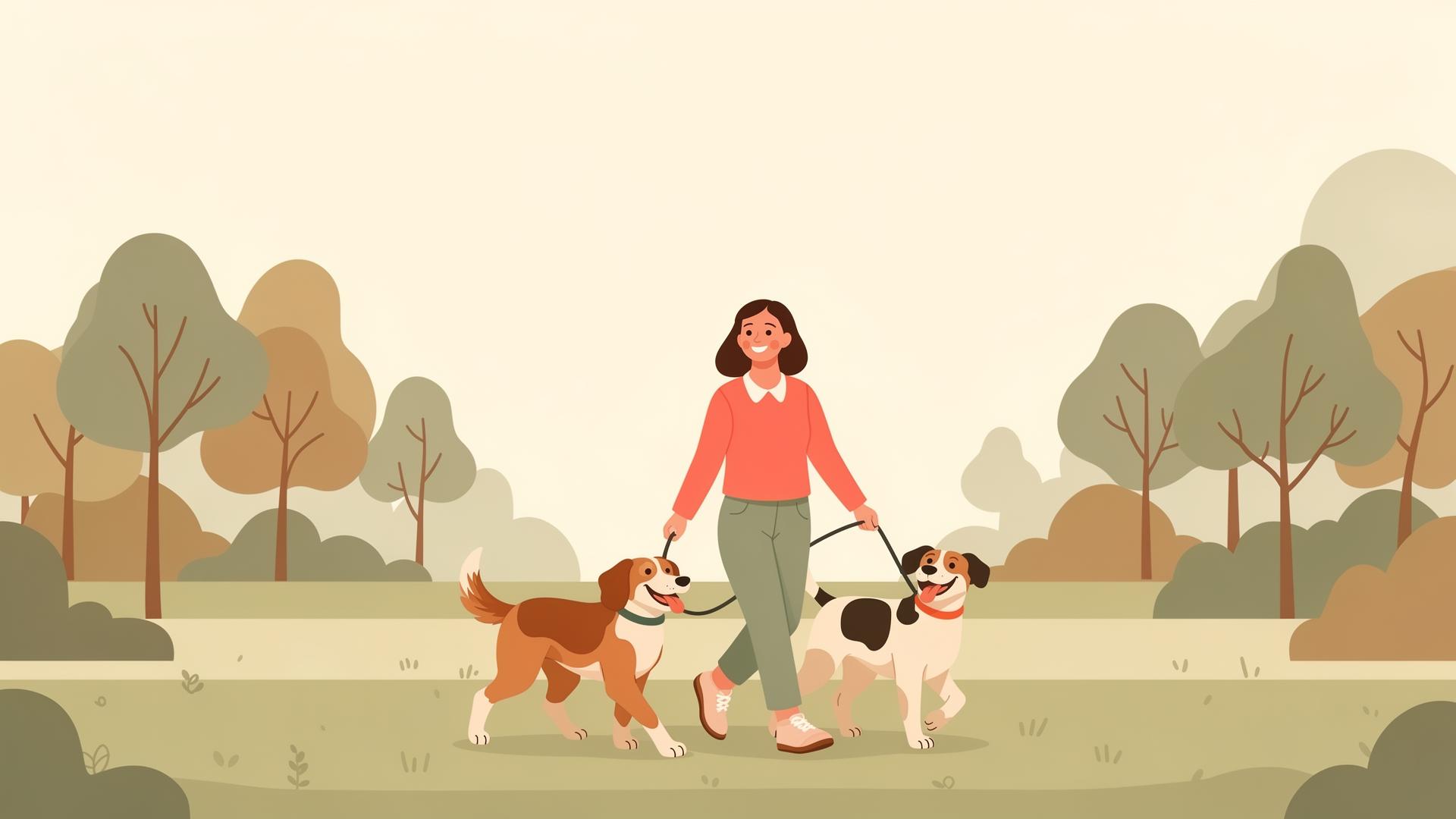 Cuidadora paseando dos perros felices en el parque